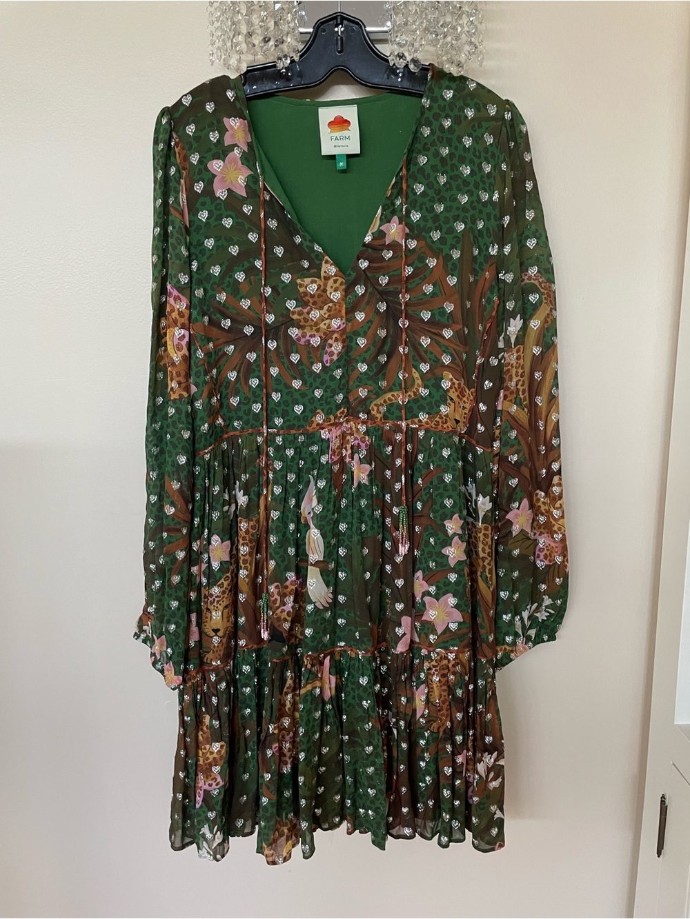 FARM Rio Green Floral Tiered V-Neck Dress with Pink Accents